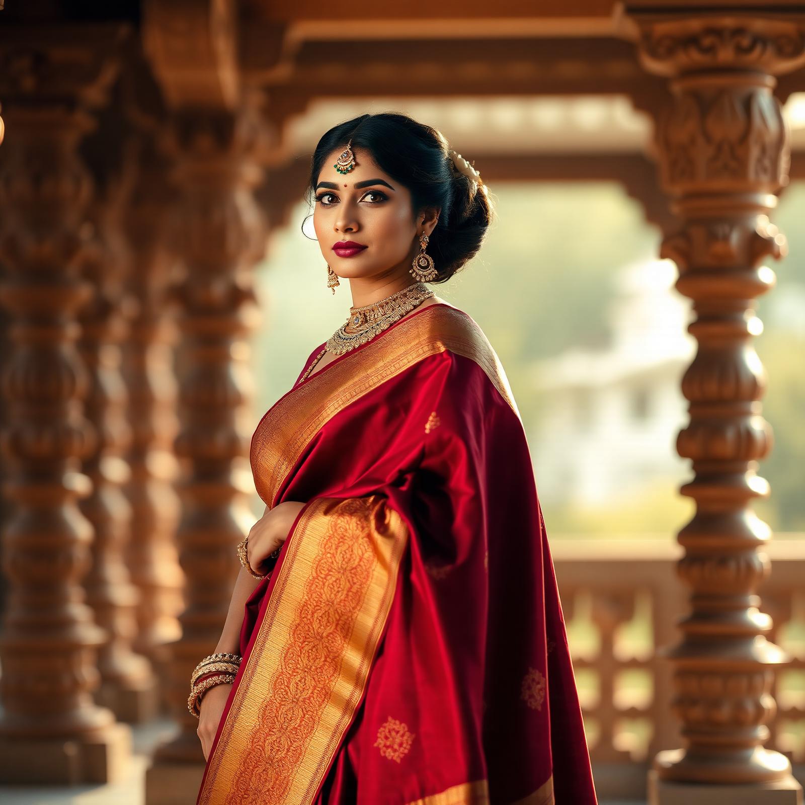 Elegant woman draped in a deep maroon Kanchipuram silk saree with gold zari